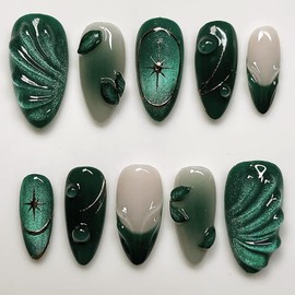 24Pcs Dark Green Almond Press on nails Medium Fake Nails with 3D Water Ripple Star Design Green Leaf False Nails Glitter Full Cover Artificial Nails Fall Winter Reusable Stick on Nail for Women