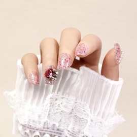 Handmade Pink Press on Nails, Short Length Square False Nails with 3D Rhinestone, Cute Manicure Kit for Women and Girls (10Pcs, M)