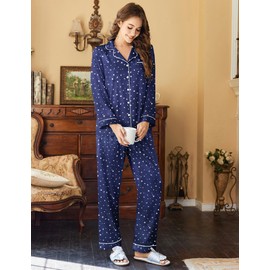 Ekouaer Womens Satin Pajama Set Classic Pattern Silky Pj Sets Button Down Sleepwear Loungewear,Small,Blue Star Moon