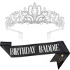 FASOTY Birthday Baddie Sash and Crown Tiara - Black Glitter