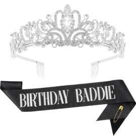 FASOTY Birthday Baddie Sash and Crown Tiara - Black Glitter Sash with silver Foil Birthday Baddie Sash and Crown for Women Girls Funny Birthday Party Favor Supplies