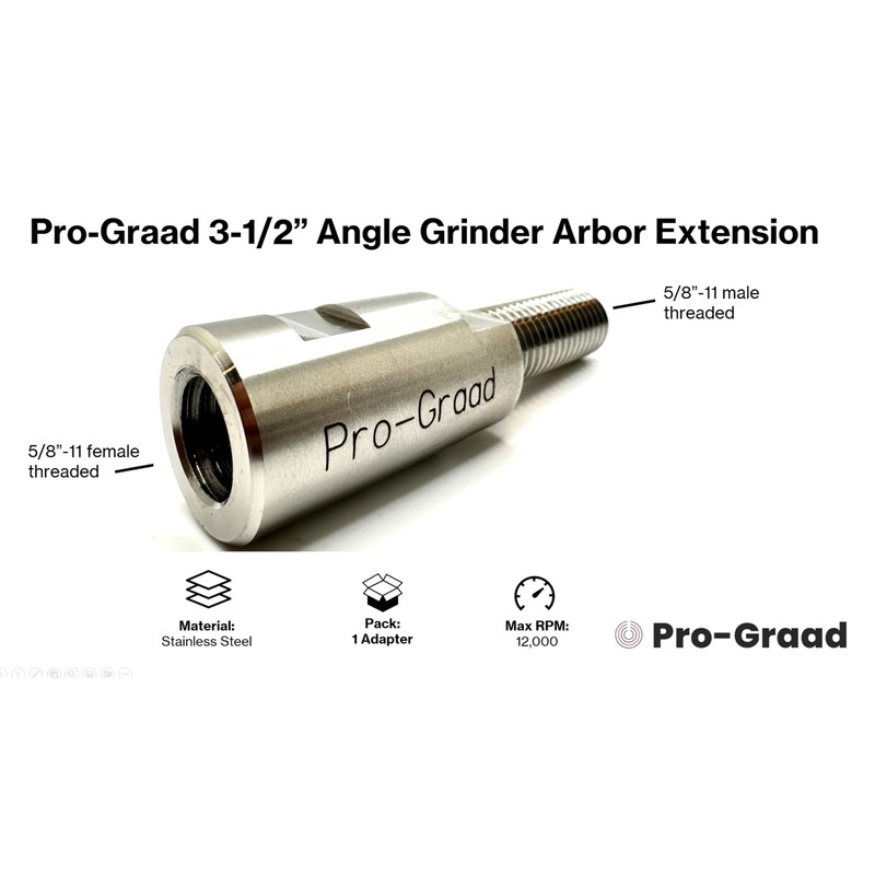 Pro-Graad 3-1/2" Stainless Angle Grinder Arbor Extension, 1-1/2” Thread Length,