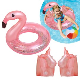 Flamingo Pool Floats for Kids,Swimming Floats for Toddlers and Armbands Cute Inflatable Arm Bands for Girls 5-9 Years,Swimming Pool Float Toy Inflatable Swimming Ring for Summer Pool Water Party
