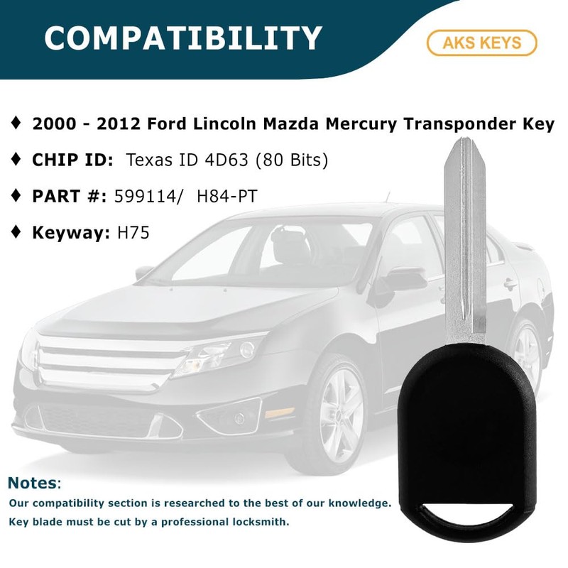 AKS KEYS Replacement for Ford Lincoln Mercury Mazda Transponder Key