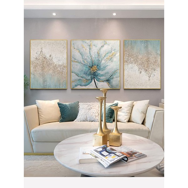 Hand Painted Flower Canvas Wall Art for Living Room - Framed Blue Floral Oil Painting for Bedroom-Modern Abstract Artwork for Office Kitchen 24x56 inches