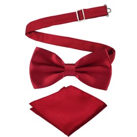 Medsuo Adjustable Bowtie and Pocket Square Set Men Bowtie and Handkerchief Solid Color Double Fold Pre-Tied Bow Tie for Dinners, Weddings, Parties, Business, Proms - Burgundy