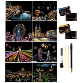 Scratch Painting, Scratch Art Rainbow Paper A4 for Adults and Kids,DIY Art Craft Night View Scratchboard with 4 Tools, 8 Pcs 11.6 X 8.3 Inches (Europe Scenery)