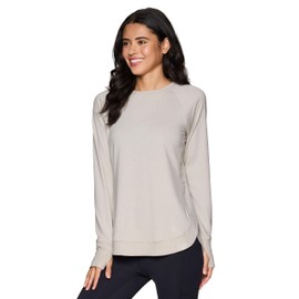 RBX Activewear Women's Workout Top, Active Fashion Long Sleeve Yoga Tunic Crewneck Lightweight French Terry Sweatshirt Pullover with Thumbholes Sand XS