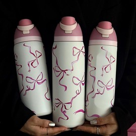 Butterfly Pattern Vacuum Flask, 1 Count 24oz-32oz-40oz Large Capacity Insulated Water Bottle with Straw, Drinking Cup for Home Office School, Tumbler Drinkware, Stainless Steel Insulated, Insulated Thermos, Drinkware Flasks:_ Pink Freedom Bow - White Cup_32oz