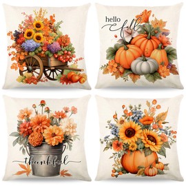 Pack of 4 Autumn Cushion Covers, 40 x 40 cm, Thanksgiving Decorative Cushion Covers, Linen Sofa Throw Cushion Cover, Decorative Thanksgiving Maple Leaf Covers, for Sofa, Bedroom, Garden, Home