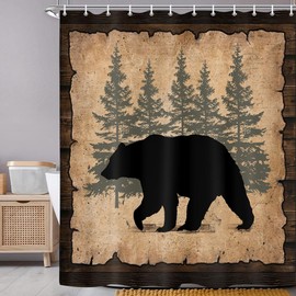Uokiuki Cabin Bear Shower Curtain, Rustic Farmhouse Country Antique Moose Forest Vintage Wood Decor Bath Curtain, Hunting Camping Waterproof Fabric Bathroom Accessories Set with Hooks