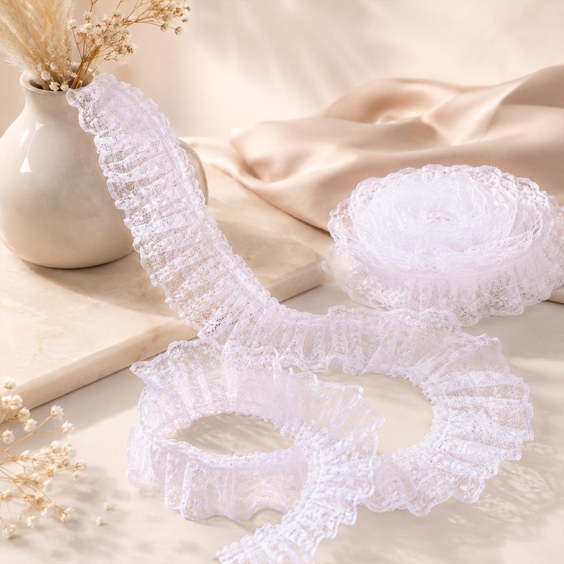 White Lace Ribbon, 1.8" x 6 Yards Double Layer Ruffle