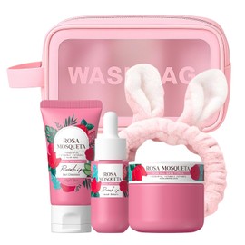 Kit Viaje Cuidado Facial BeauBase Rosa Mosqueta 3 Piezas Limpiador Suero Crema Humectante Cosmetiquera Banda Cabello Regalo Mujer Luminosidad Rutina Belleza