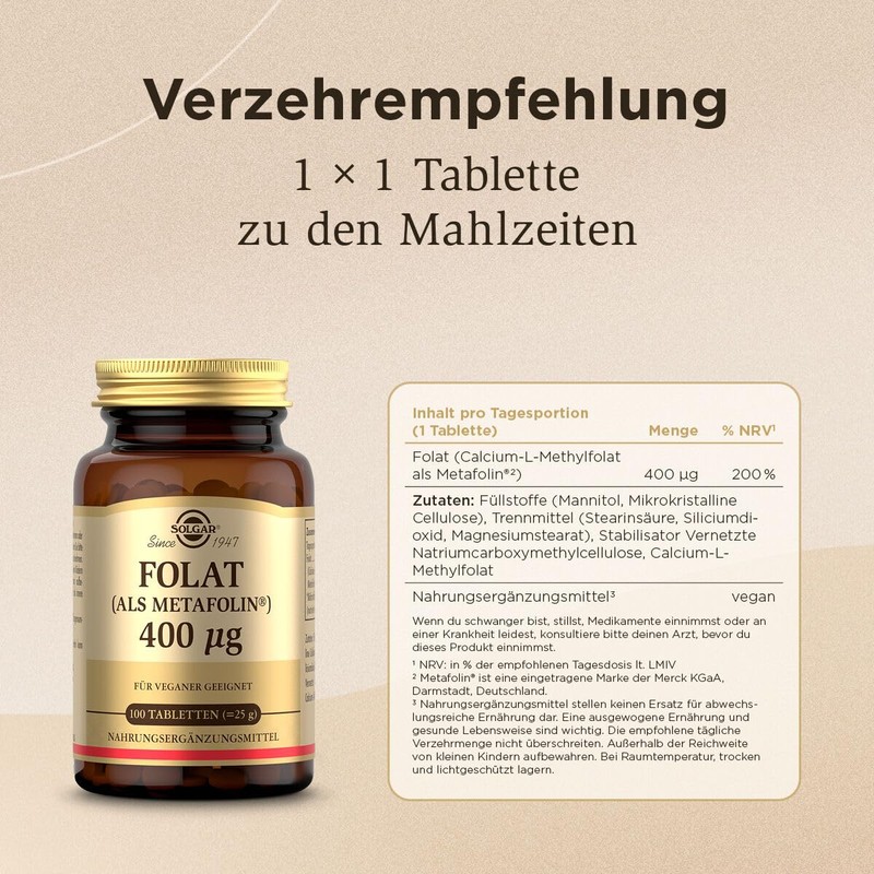 SOLGAR Folate (as Metafolin) 400 mcg, also known as vitamin