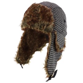 Trendy Apparel Shop Faux Fur Houndstooth Plaid Earflap Winter Trooper Hat - Black