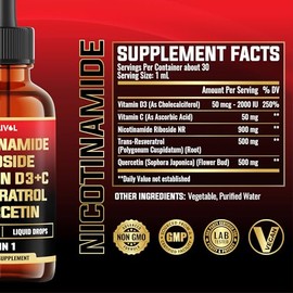 Gotas líquidas NAD+ 5 en 1 con ribósido de nicotinamida NR 900 mg, quercetina 500 mg, trans-resveratrol 500 mg, vitamina D3-C - Energía celular y repa