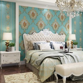 Self-adhesive Non-woven Wallpaper Simple European Style 3D Embossed Damask AB Version Wallpaper Living Room Bedroom Bedside TV Background Wall 20.87"Wx236.22"L Peel And Stick (Sapphire blue B)