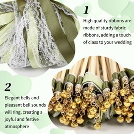 Pack of 50 Wedding Wands, Wedding Wands Seating Plan Wedding Streamers with Large Bells and Wedding Ribbons, Magic Wands Silk Fairy Rod for Weddings, Birthdays, Holiday Parties (Green)