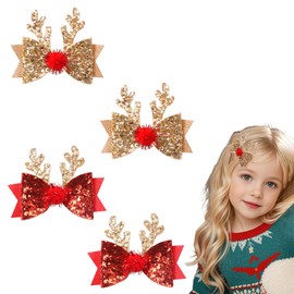 Pack of 4 Hair Clips Hair Accessories Christmas Glitter Bow Tie Hair Pins, Gold/Red Reindeer Christmas Hair Accessories, Children Adults Girls for Christmas Party Accessories