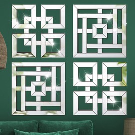 Geelin 4 Pcs Silver Mirror Wall Decor, 1.2 Inch Thick Square Mirrored Wall Decor 12 x 12 Inch Wall Mirrors Decorative Mirror Wall Art DIY Modern Wall Mounted Mirrors for Home Living Room Bedroom