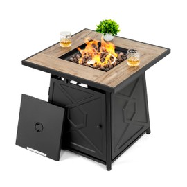 Nuu Garden 28 Inch Outdoor Propane Fire Pit Table, 50000 BTU Square Gas Fire Table with Ceramic Tabletop, Lid, Cover, Lava Rock for Garden Backyard Party, Black