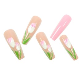 24 Pcs Press on Nails Long Coffin Fake Nails with 3D Flower Designs Stick on Nails Glossy Acrylic Nails Full Cover Pink Glue on Nails Cute Small Flowers False Nails for Women Manicure Art Decorations