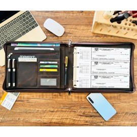 Business 3 Ring Check Binder, Genuine Leather Check Book Portfolio for 3 Holes or 9 Holes Checks, Fits 3-on-a-Page Business Checks, Check Book Binder for 11 1/4"x9", Crazy Horse Leather Dark Khaki