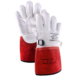 Stauffer High Voltage Cowhide Electrical Glove Protectors | 32 Cal/cm2 ATPV Rating, Red/White Color, Gauntlet Cuff - Large (1 Pair)