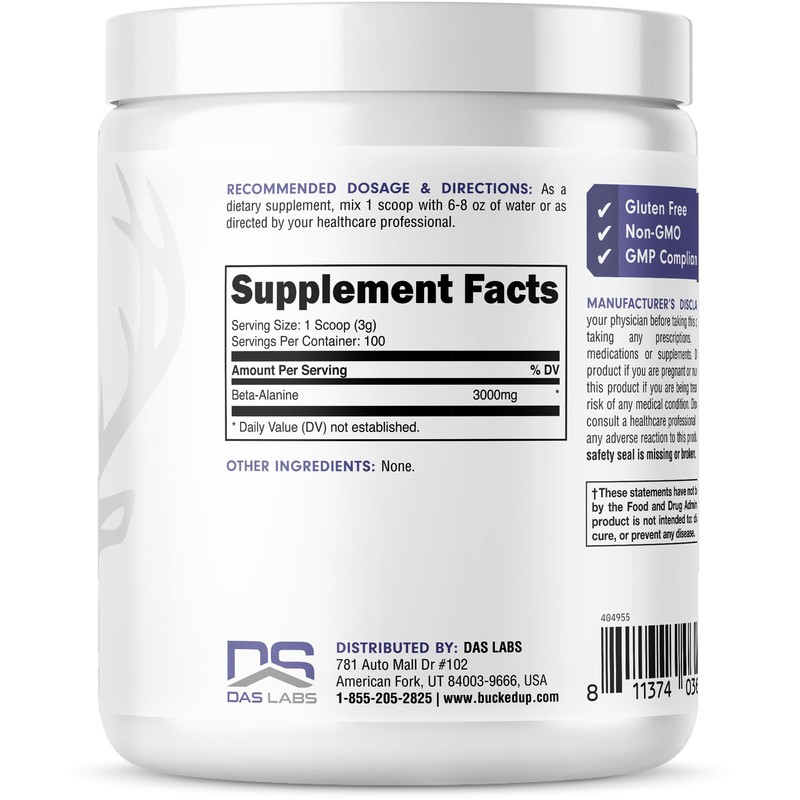 Bucked Up Beta Alanine 300mg Powder, Non-GMO, Gluten-Free, Unflavored (100