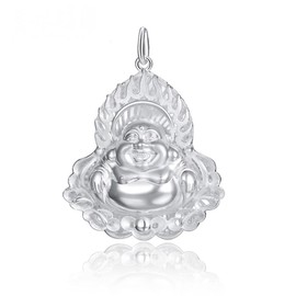 S925 Sterling Silver Chinese Flame Pattern Traditional Blessing Maitreya Buddha Pendant Necklace Good Luck and Peace for men unisex gift