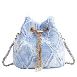 Extolove Denim Bucket Bag Quilted Drawstring Jean Purses for Women Denim Clutch Hobo Bags Crossbody Handbag (Blue & White)