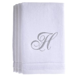 Juego de 4 toallas con monograma, 11 x 18 pulgadas, toallas bordadas plateadas, extra absorbentes, 100% algodón, acabado de terciopelo suave, para baño, cocina, spa, inicial H (blanco)