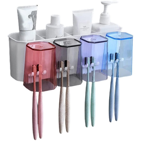 Tooth Brush Stand with Cup for 4 People Holder Wall Hanging Stand Storage Water Scope Prevention Compact Convenient Bathroom Stylish 4 People
