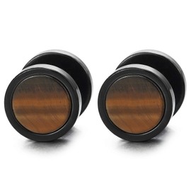 Mens Women Black Circle Stud Earrings with Stone Veins Acrylic, Steel Cheater Fake Ear Plugs Gauges