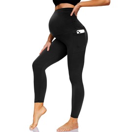 Maternity Leggings with Pockets – Over-The-Belly Supportive Pregnancy Pants – Soft Stretchy & Squat-Proof for All-Day Comfort (US, Alpha, X-Large, Regular, Regular, Black)