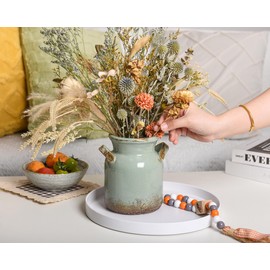 Quoowiit Ceramic Rustic Farmhouse Vase, Distressed Decorative Flower Vases for Home Decor, Ideal Shelf Decor, Green Boho Vase for Living Room Bedroom Kitchen Office Centerpiece Table Decorations