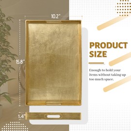 MAONAME Modern Gold Decorative Tray with Handles, Gold Leaf Serving Tray for Coffee Table, Rectangle Bathroom Decor Trays, 15.8" L x 10.2" W x 1.4" H