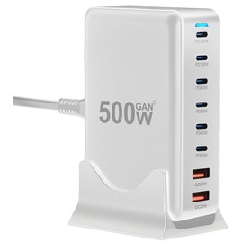 [2025 GaNFastⅢ 8 Ports 2 x Single 100W] 500W Charger, PD3.0 Compatible, 8 Ports Simultaneous Rapid Charging, 2 x 100W, 4 x 65 W, 2 QC20W, 6, USB-C & 2 USB-A, Vertical Space Saving, 2 x 100 W Single