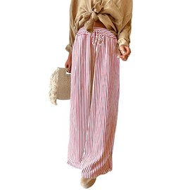 Acelitt Women's Casual Striped Loose Wide Leg Pants Drawstring Elastic High Waisted 2025 Summer Fashion Beach Pants Trousers Red XXL