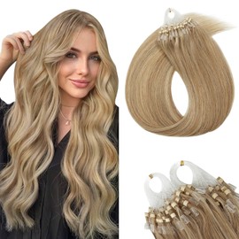 SEGOHAIR Micro Link Hair Extensions Human Hair Micro Bead Extensions Micro Loop Micro Ring Human Hair Extensions for Women Silky Straight Natural 50g/100 Stands 14" Golden Brown Mix Bleach Blonde