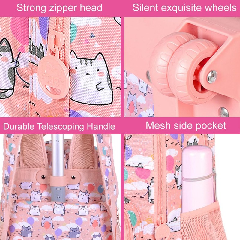 Girls Rolling Backpack, 3PCS Womens Roller Bookbag with Lunch Bag