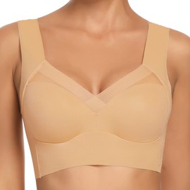 WOWENY Seamless Bras for Women Sleep Leisure Sports Yoga Bra Padded Wireless Thin Soft Comfy Pullover Tops Plus Size (Nude, XXL)