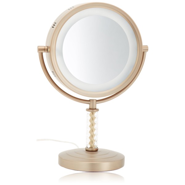 Jerdon Lighted Tabletop Makeup Mirror - Halo Lighted Makeup Mirror with 1X and 6X Magnification in Brushed Brass Finish - 8-Inch Diameter Vanity Mirror - Model HL856BC