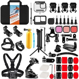 HONGDAK Action Camera Accessories Kit for GoPro Hero 13 12 11 10 9 Black, Waterproof Housing+Silicone Case+ Adjustable Arm+Head Chest Wrist Strap+Bike Mount+Suction Cup+Floating Grip Bundle Set 63in1