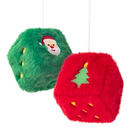 Christmas Fuzzy Dice for Rear View Mirror, Embroidered Santa and Tree Design Hanging Decorations, Red Green Plush Dice Ornaments for Car, Home, Indoor or Outdoor Holiday Decor Pair