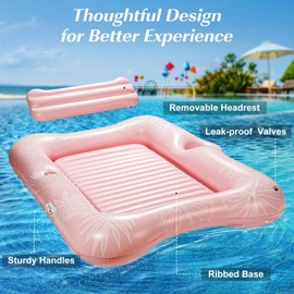 HeySplash Inflatable Pool Float Lounge, Large Inflatable Pool Floats Boat for Adults with Cup Holder & Detachable Pillow, Tanning Pool Lounger Float for Outdoor Lake River Summer Water Party,Pink Leaf