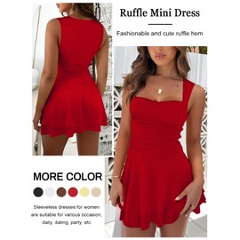 MIYIEONZ Women's Square Neck Ruffle Hem Mini Dresses Ruched Waist Slim Medium Red Sleeveless Corset Dress for Women Summer Short Party Dress