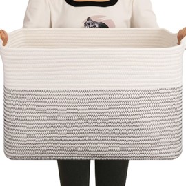 OIAHOMY 65L Blanket Basket, Cotton Rope Woven Blanket storage for Living Room, Rectangle Woven Baskets for Storage, 20''×16''×12'', Black and White