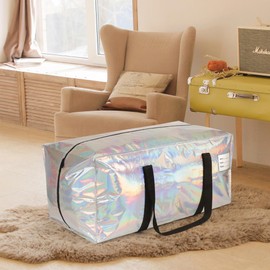 JCBZAMZ 8 Pack Heavy Duty Moving Bags 24-Gallon Extra Large Waterproof Foldable Clothing Storage Totes Bags with Zipper,Reinforced Handles,Packing Moving Boxes for Dorm & Seasonal Storage,Iridescent