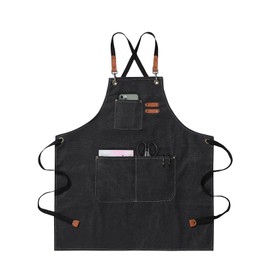 jiuzcare Kitchen Apron 68x76cm Mens Women Aprons for Cooking Cross Back Apron with 3 Pockets Adjustable Barbecue Apron Chef for BBQ Grilling Baking Gardening Barber, Black